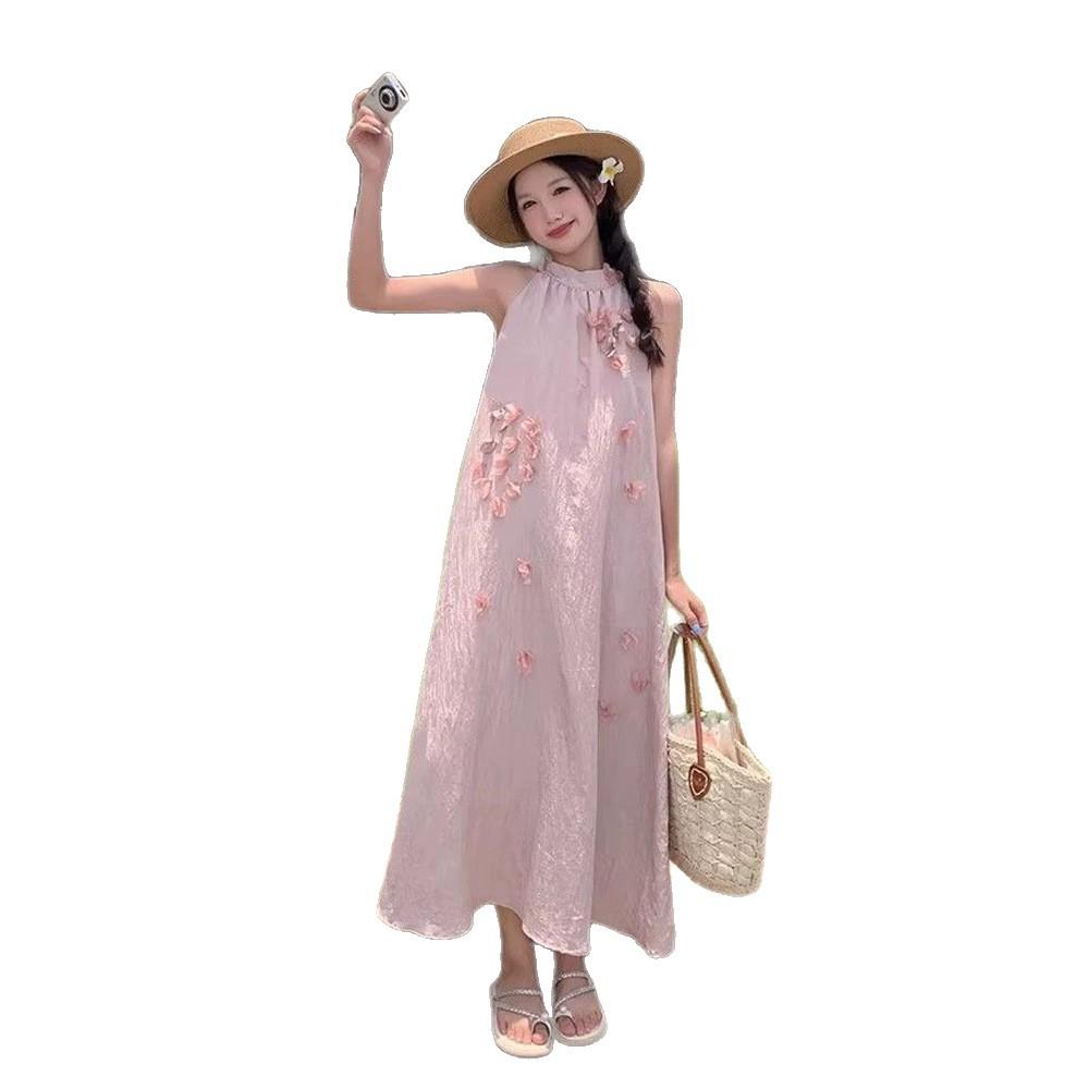French gentle flower neck dress children's summer temperament off-the-shoulder vest skirt loose and thin A-shaped long dress