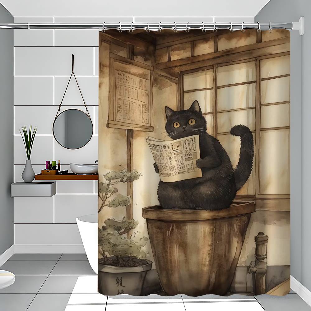 Japanese Black Cat Bathing Moon Lucky Cat Funny And Creative Beach Shower Curtain Waterproof Polyester Bath Curtains Bathroom