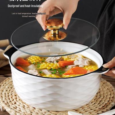 10.5" Double-Ear Ceramic Sauerkraut Fish Bowl - Large, Anti-Scald, with Lid