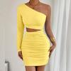 Fashion Single Shoulder Sleeve Hollow Out Dress Spicy Girl Slant Shoulder Hip Wrapping Sexy Party Short Dress Pleated Solid Colar Elegant Clothing