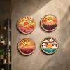 Retro Sunset Landscape Wall Art 4Pcs Boho Art, Abstract Round Hanging Ornaments, Modern Home Decor for Cafe Wooden Living Room Bedroom Hallway Office