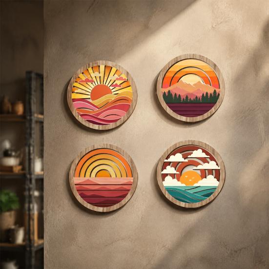 Retro Sunset Landscape Wall Art 4Pcs Boho Art, Abstract Round Hanging Ornaments, Modern Home Decor for Cafe Wooden Living Room Bedroom Hallway Office