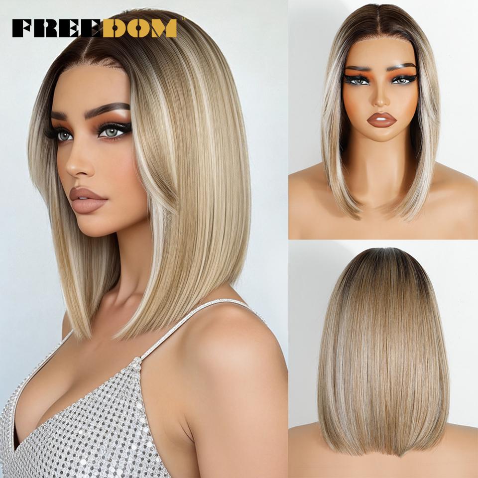 

FREEDOM Synthetic Lace Wigs For Women 12 Inch Short Bob Pre Plucked Pre-Cut Wig With Bangs Ombre Brown Blonde Wigs Cosplay Wig (as the picture,12inches)