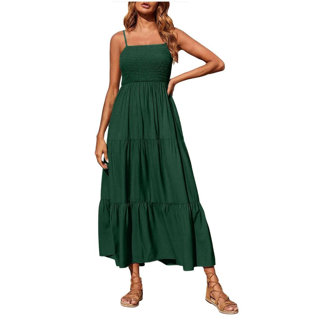 Strapless Dress For Women Color Summer Beach Boho Smocked Tube Top Straps Swing Dress