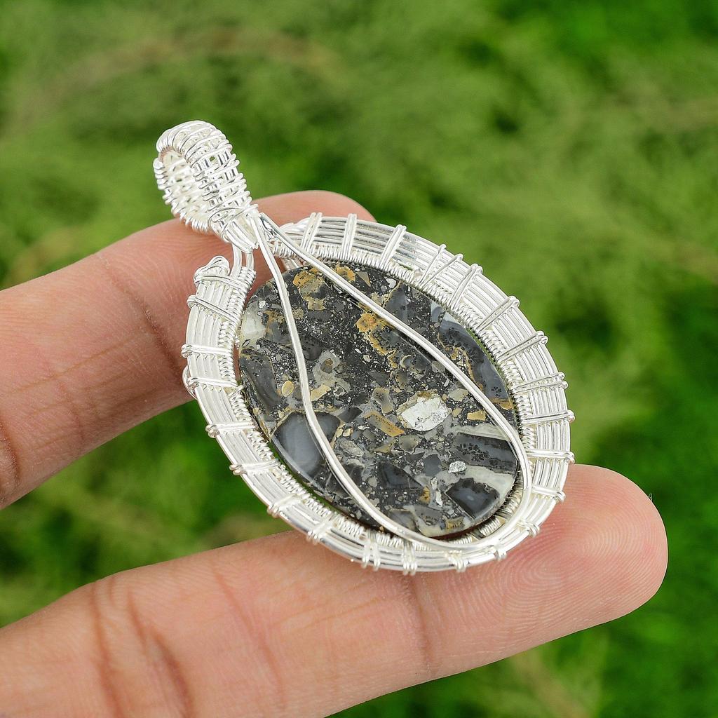 Natural Maligano Jasper Wife Bezel Wire Wrapped Pendant Jewelry Sterling Silver