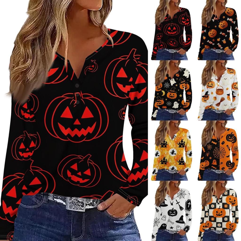 Women’s Casual Halloween Printed V Neck Decorative Button Long Sleeve T Shirt Top with Pumpkin and Candy Pattern