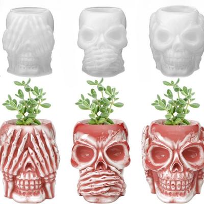 Halloween DIY Kristall Epoxidharz Form - Nichts sehen Nichts hören Nichts sagen Schädel Blumentopf aus Zement Silikonform Wiederverwendbares Bastelwerkzeug