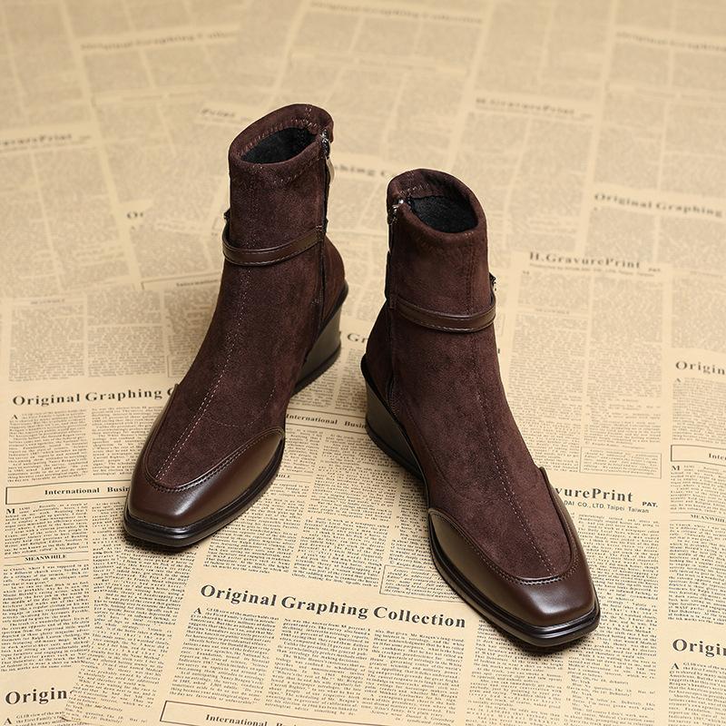 Slope Heel Short Boots Women's Autumn and Winter New Fashion Suede Elastic Thin Boots Belt Buckle High Heel Boots