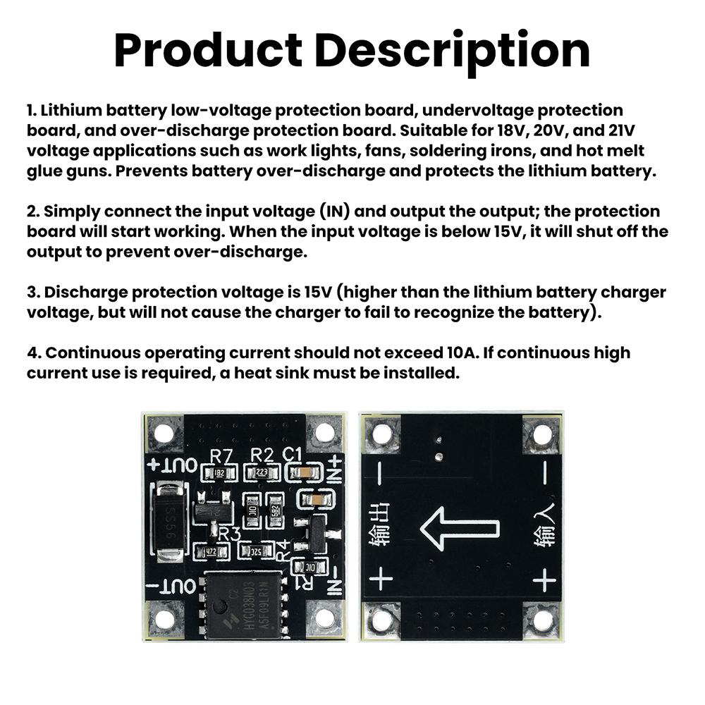 15V 10A Battery Protection Board Low Voltage/Over-Discharge Protection for 18/20/21V Battery Over-Discharge Protection Board
