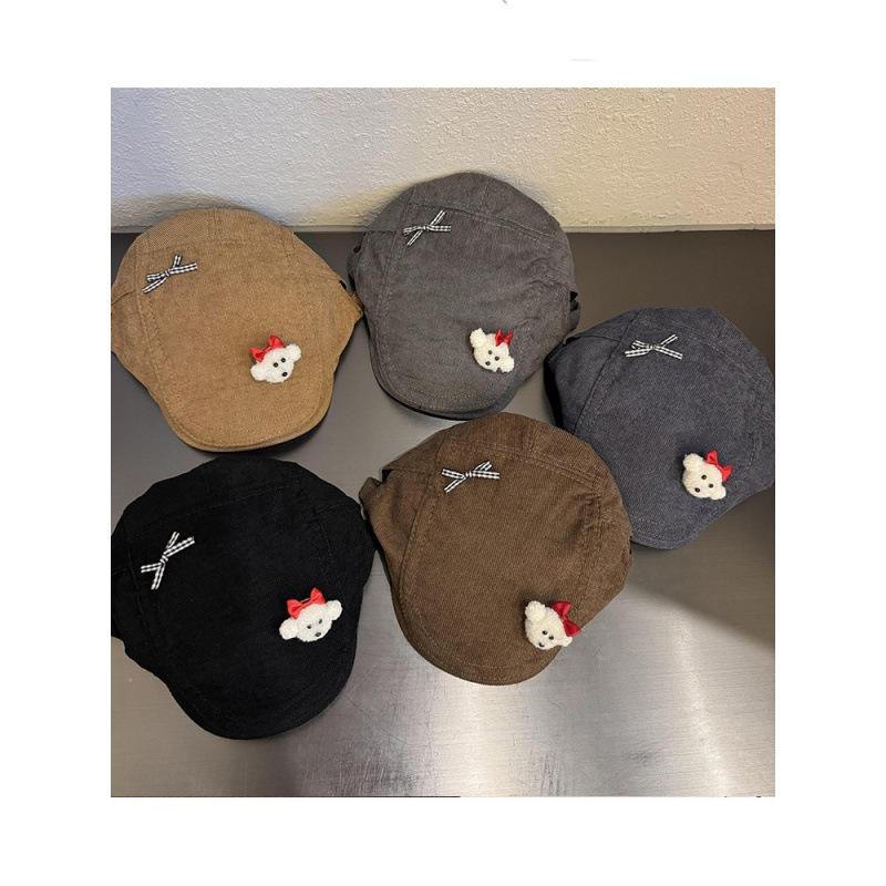 Cute Teddy Bear Flat Cap, Corduroy Newsboy Hat with 3D Bear Bow Decor, Casual Beret for Women & Girls