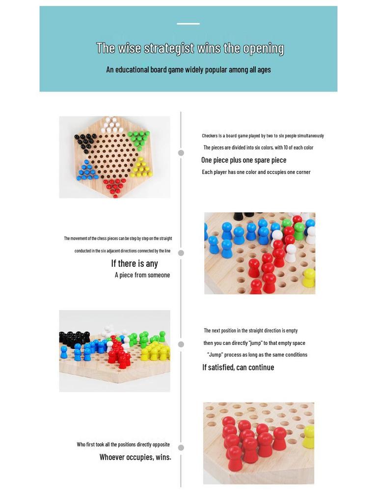 Wooden Hexagonal Children's Checkers Game: Interactive Educational Toy for Boys & Girls Ages 3-6
