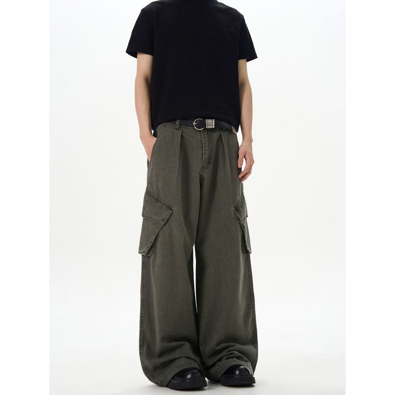 Kisko American Retro Washed Large Pocket Baggy Silhouette Cargo Pants Unisex Loose Straight Casual Wide-Leg Pants