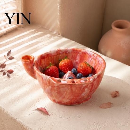 Decorative Fruit Display Dish Ceramic Berry Bowl, Self Rinsing with Drainage Hole Washing Kitchen Sink Vegetable Rinser Glazed Bowl for Countertop
