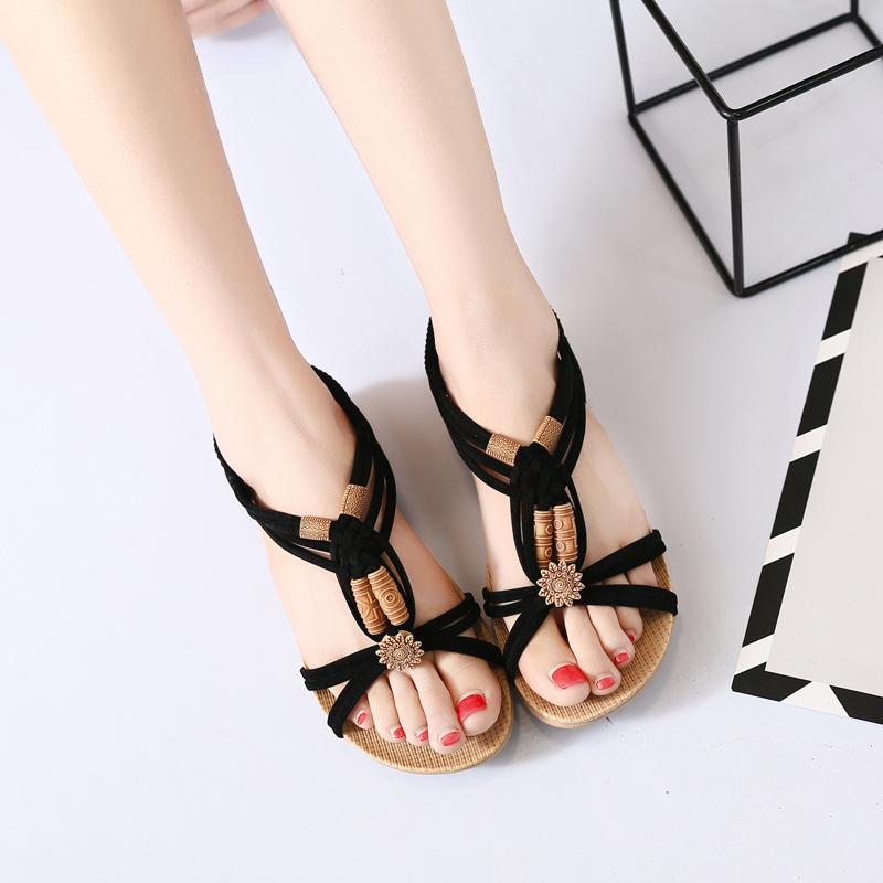2024 New Summer Sandals Women's Round Toe Open Toe Flat Sandals Slip-on Casual Women Sandals Beaded Sandals Beach Shoes