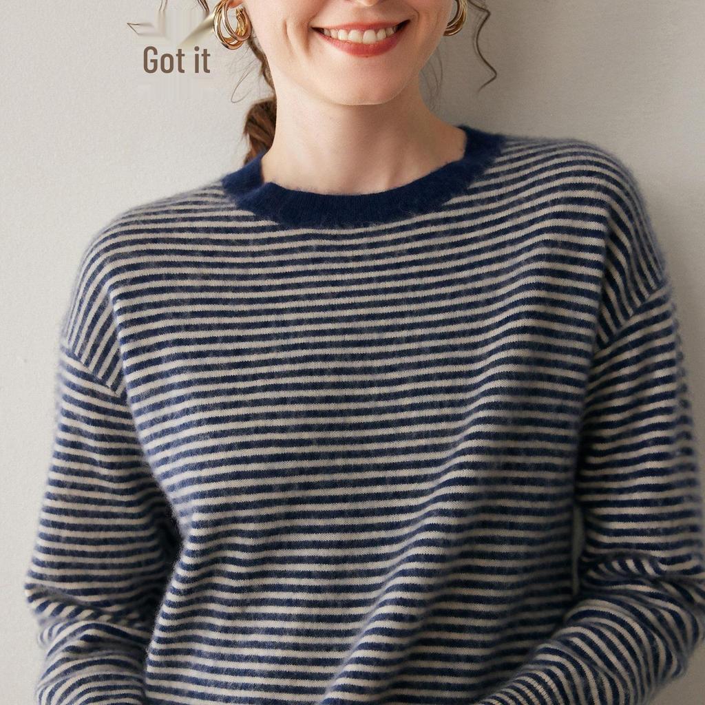 Women's Striped Cashmere Sweater - Long Sleeve, Loose Fit, Round Neck, Versatile Knitwear for Autumn/Winter