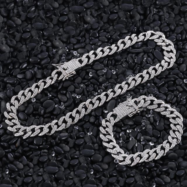 A Set Hip Hop Miami Curb Cuban Chain Necklace Golden Iced Out Chain Rhinestones CZ Rapper Link Silver Color Necklace Men Jewelry