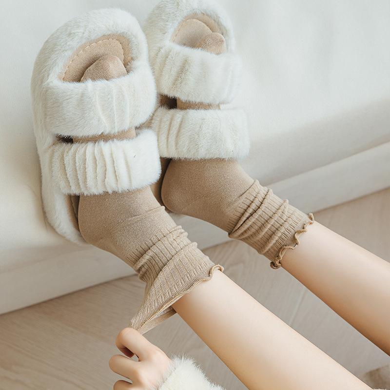 Autumn and Winter Socks for Women: Black Ear-trimmed Mid-calf Socks, Trendy and Versatile Lace Socks, Coffee-colored Pile Socks for Women