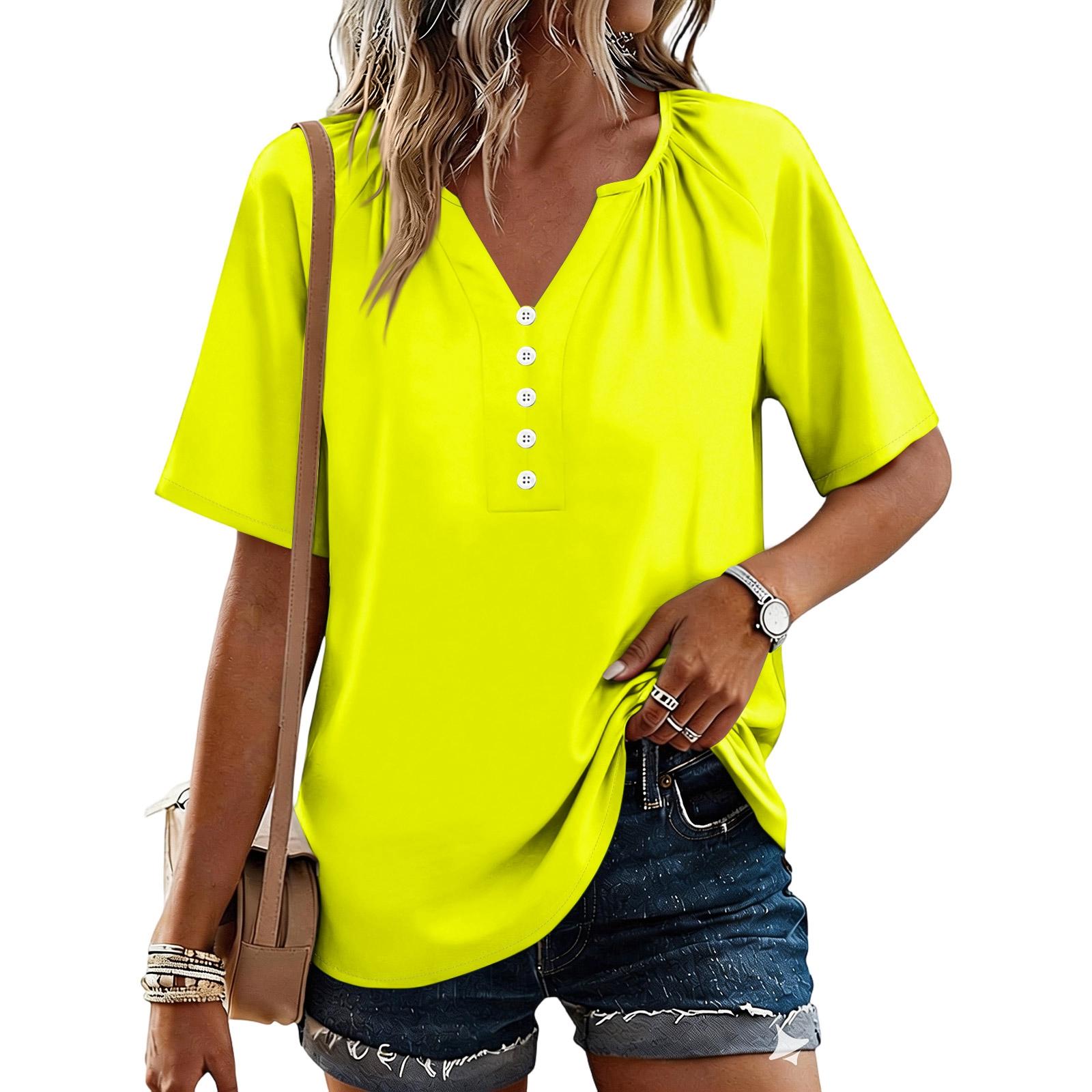

Women s Fashionable Casual Button V-neck Short-sleeved Top XL жовтий