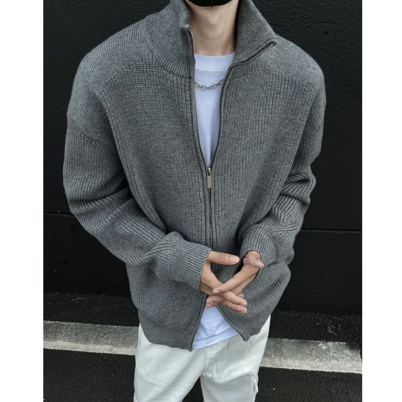No Logo Official Lazy Style Sweater for Men, Autumn and Winter Double Zipper Cardigan, Stand Collar Knitwear Jacket for Boys