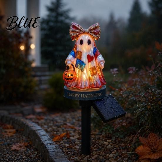 Solar Self-charging Lamp Ghost Garden Stake Light Halloween Pumpkin Lantern with Bow Lawn Decor Waterproof Resin Outdoor Yard for Pathway Decoration
