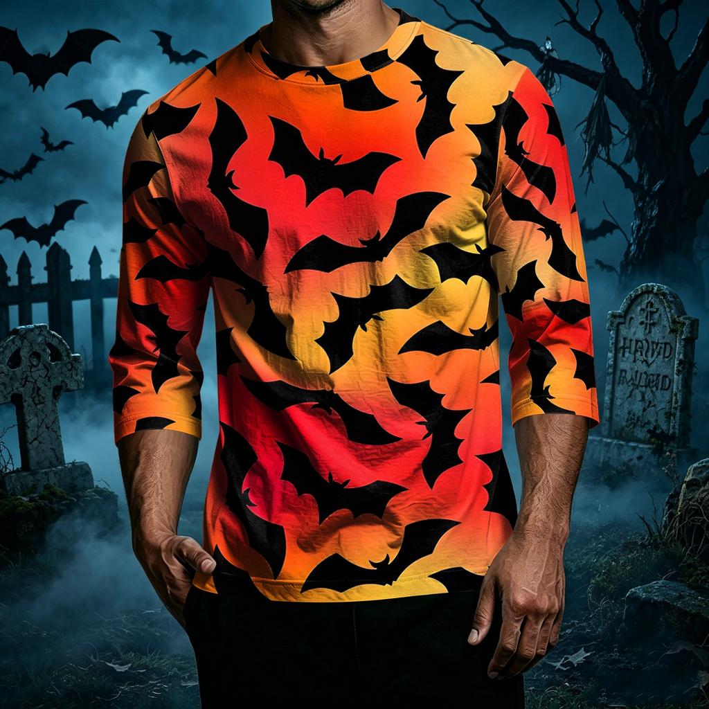 Men's Casual Halloween Print Crew Neck T-Shirt Three Quarter Sleeve Relaxed Fit Lightweight Cotton Blend Top for Everyday Wear