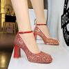 Women's Shoes with Thick Heels, High Heels, Waterproof Platform, Shallow Mouth, Square Toe, Sequins, Straight Strap, Single Shoe