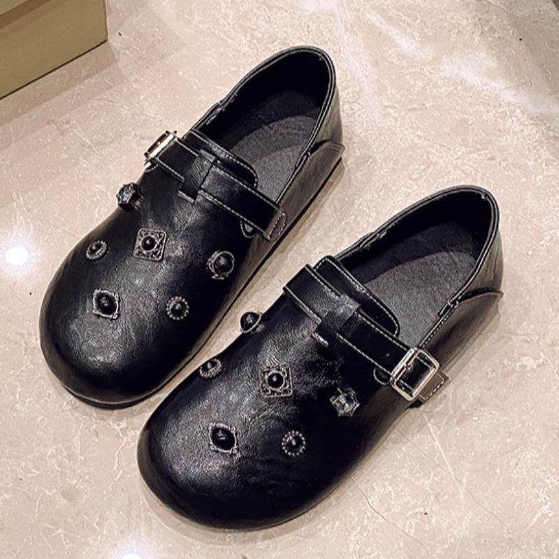 

Fashion Women s Single Shoes Spring New Round Head Deep Mouth Metal Buckle Soft Sole Anti-slip Wear-resistant Flat Shoes 40 чёрный
