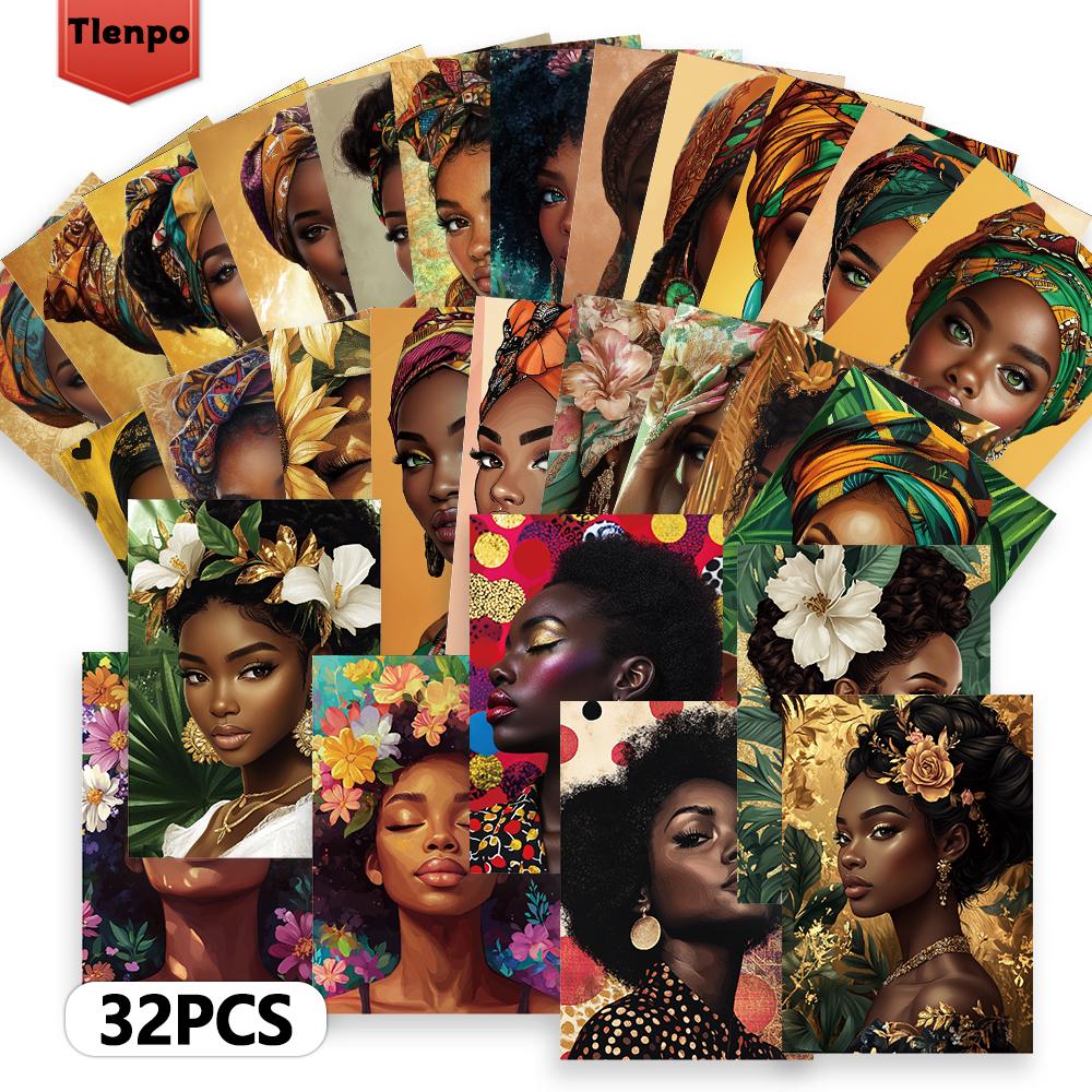 32pcs, Black Women Portrait Postcards, Feminine Charm, Birthday/Anniversary Gifts, Collectibles, Suitable for Gifting, Mailable.