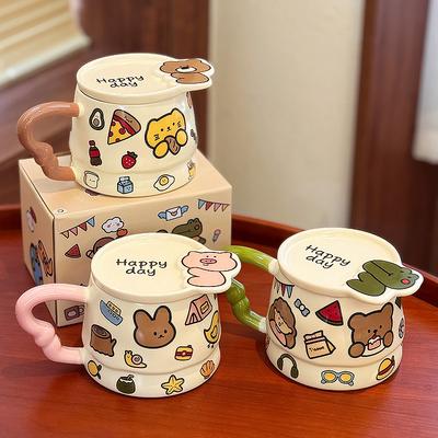 Cute Cartoon Girl Petting Animal Graffiti High Office Water Cup with Lid Cute Mug Student Ceramic Cup