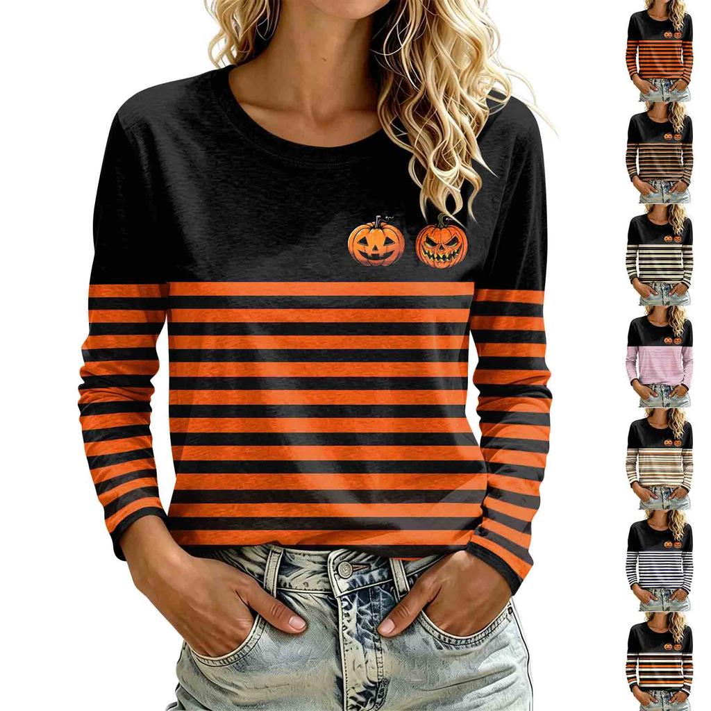 Women's Casual Long Sleeve Halloween Print Neck T-Shirt