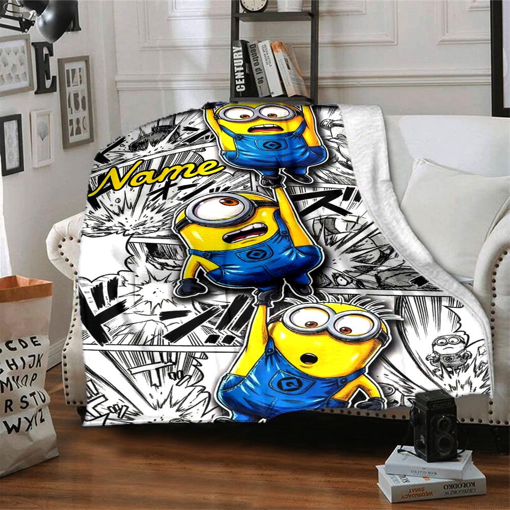 Custom Name Despicable Comic Adventure Flannel Blanket for Super Soft Cute Comfort Blanket for Travel Bedding Couch Sofa Blanket