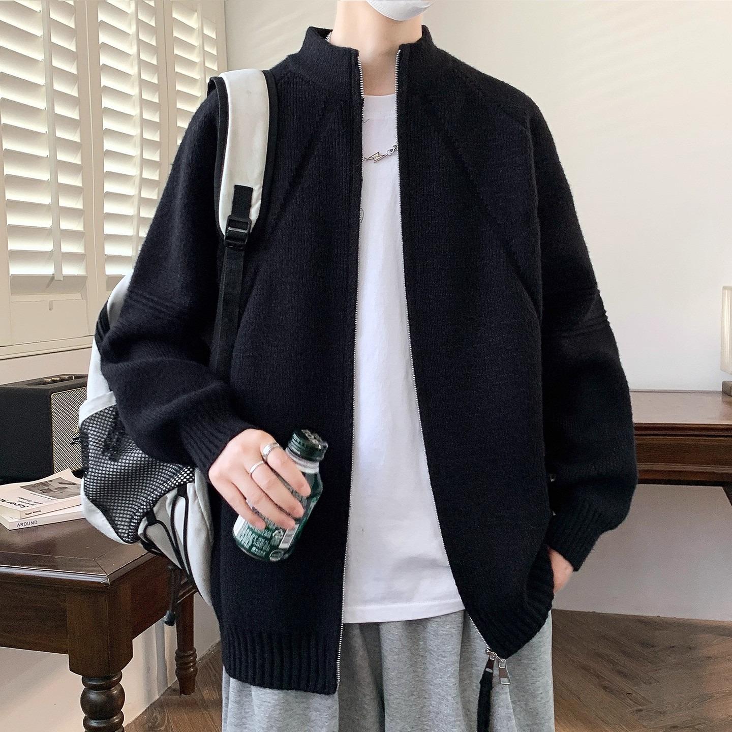 Мужской осенне-зимний кардиган крупной вязки с воротником-стойкой Повседневная куртка-свитер высокого класса для пар 3XL чёрный 2780₽