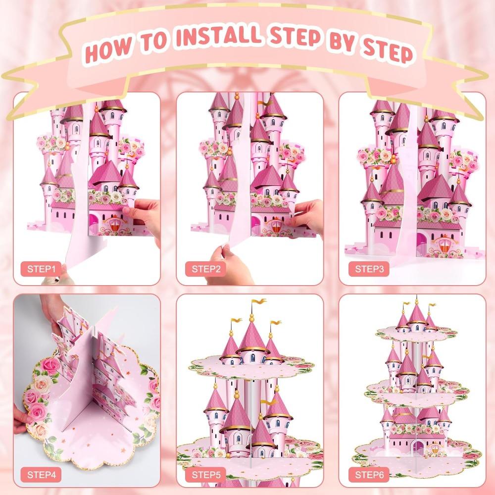 3 Tier Princess Birthday Cupcake Stand Party Decorations Floral Princess Cupcake Holder Pink Castle Crown Carriage Dessert Tower