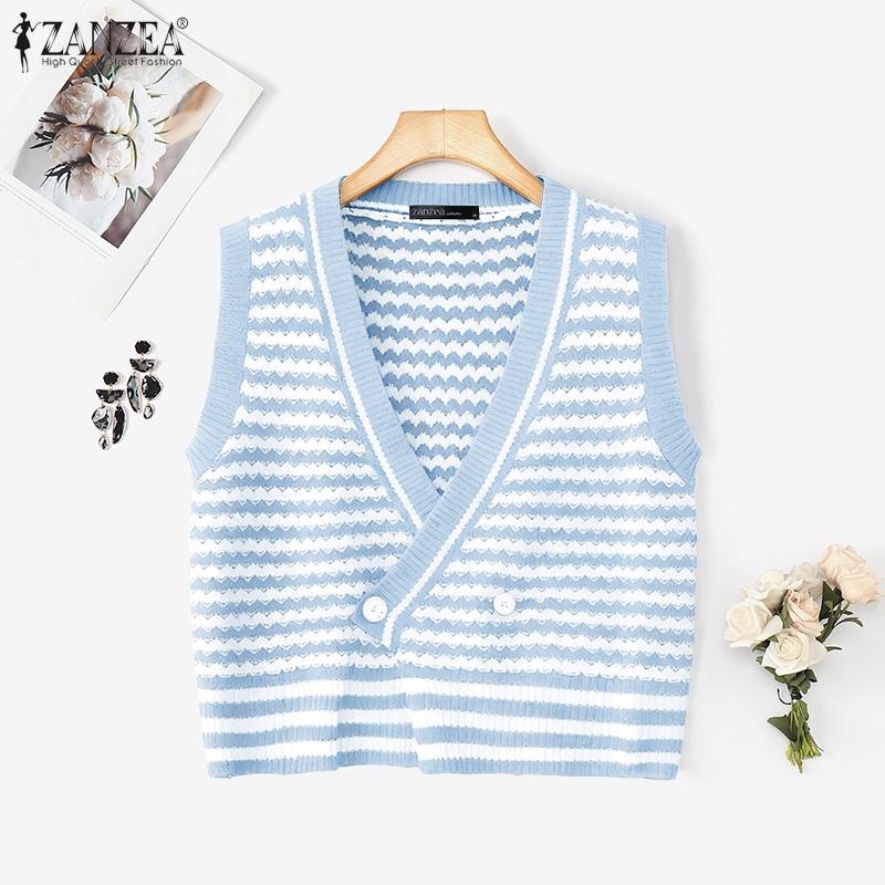 ZANZEA Women V Neck Sleeveless Stitching Striped Cropped Knitted Sweater Vest Waistcoat