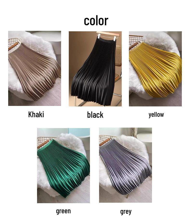 European & American Pearlescent Satin Pleated High-Waisted Swing Skirt