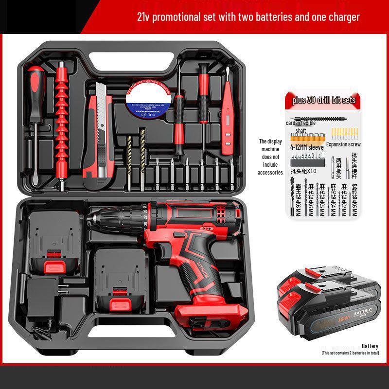Cordless Lithium Battery Drill Hand Tool Set for Electricians & Carpenters - Multifunctional Repair Kit with Tool Box