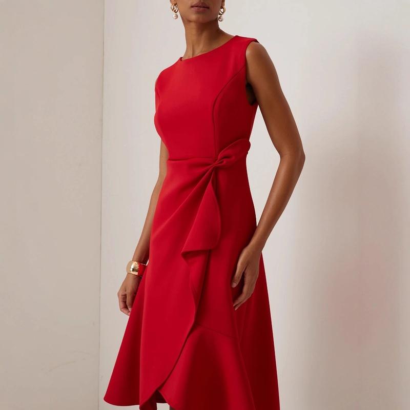 Women's Crew Neck Sleeveless Tie Waist Midi Dress A Line Elegant Casual Dress