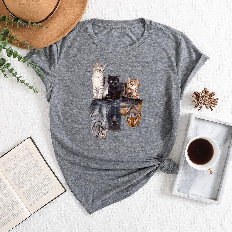 Summer Women's Three Cat Printed Loose Round Neck Casual Cotton Short Sleeves T-Shirts Women's