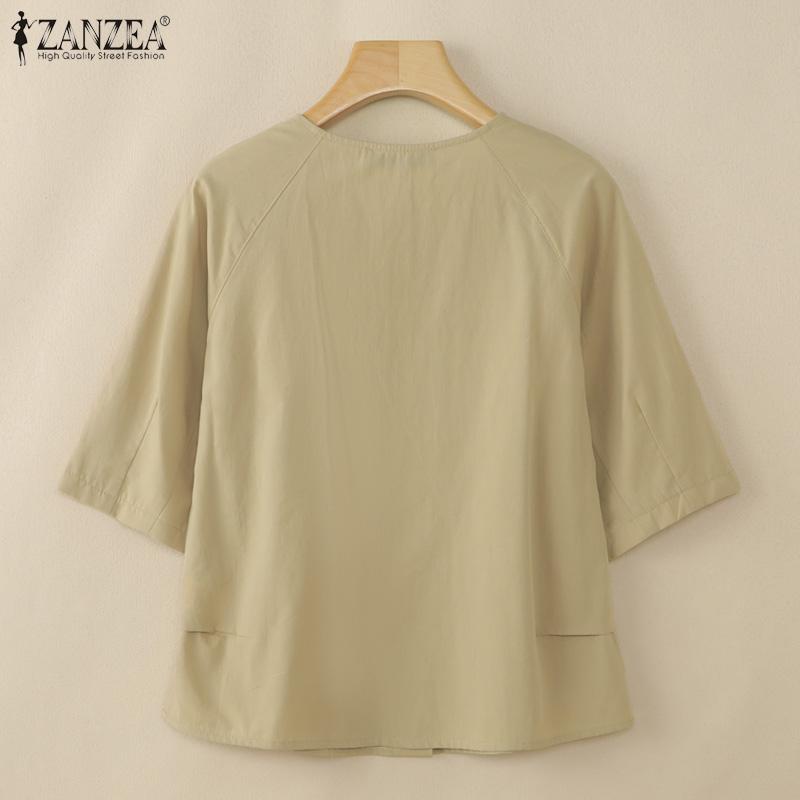 ZANZEA Women Casual Round Neck Loose Summer Half Sleeve Blouse