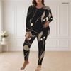 Women Plus Size Black Printed Round Neck Long Sleeve Longline Top Fitted Pants Two Piece Set