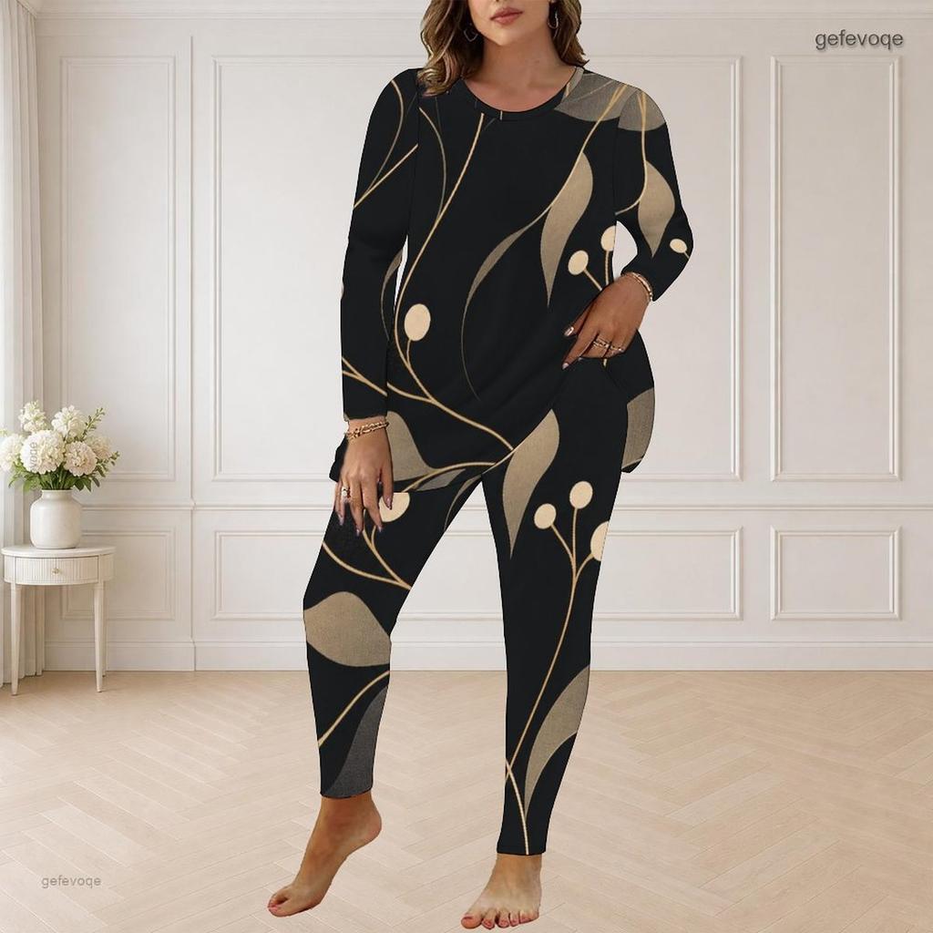 Women Plus Size Black Printed Round Neck Long Sleeve Longline Top Fitted Pants Two Piece Set