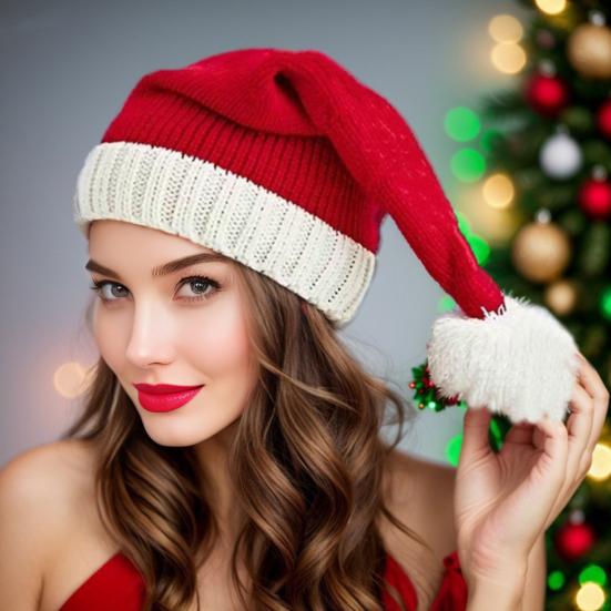 Santa Hat Red White Green Striped Print Knitted Christmas Hat with Plush Ball Decor Holiday Accessory