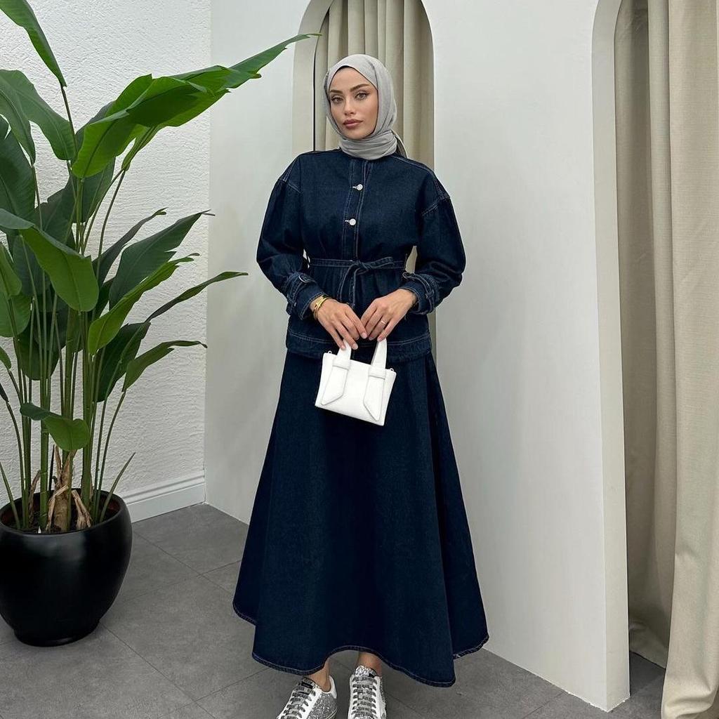 2024 European & American Women's Solid Color Short Top & Denim Long Skirt Two-Piece Set