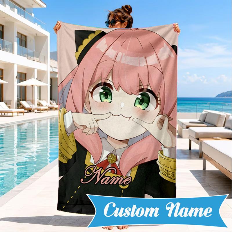 Custom Name Pink Hair Anya Beach Towel Microfiber Beach Towel, Lightweight and Quick-Dry, for Summer Travel, Swimming Pool Gift