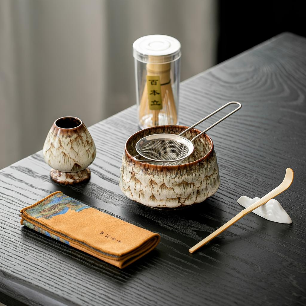 7pcs Set of Kiln-Transformed Glaze Ceramic Matcha Bowl with Tea Spoon, Filter, and Matcha Brush For Matcha Latte Tea Ceremony