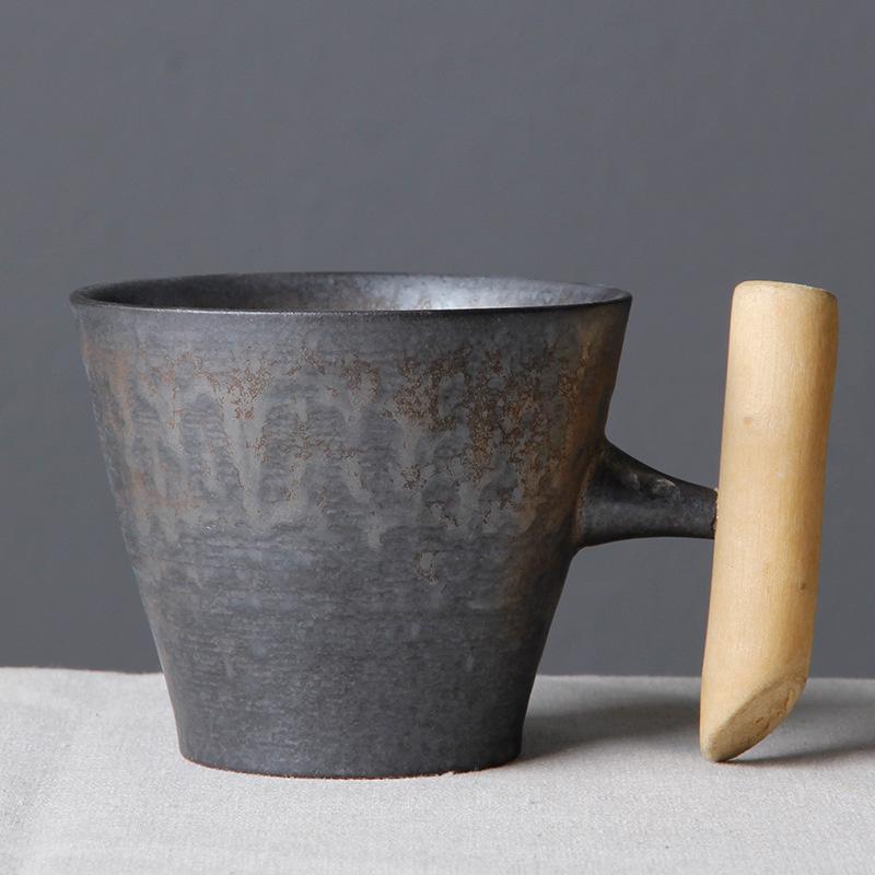 Japanese-style Retro Vintage Ceramic Manual Coffee Mug With Wooden Handle Tumbler Rust Glaze Tea Milk Beer Cup Home Drinkware