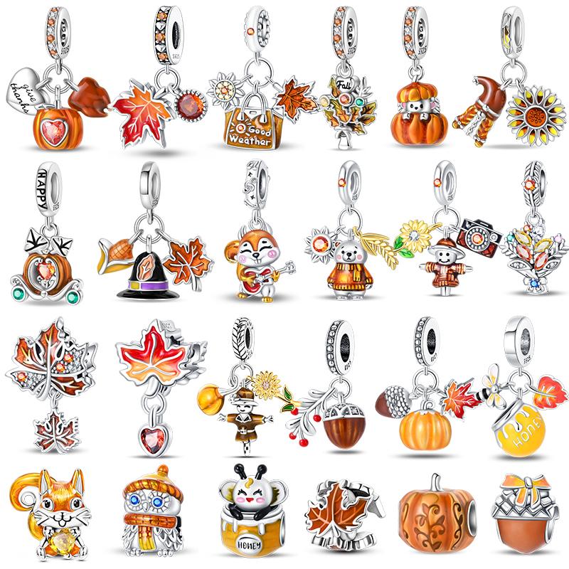 Copper Autumn Harvest Series Squirrel Maple Leaf Pumpkin Charms Pendants Fit Original Bracelets Diy Jewelry