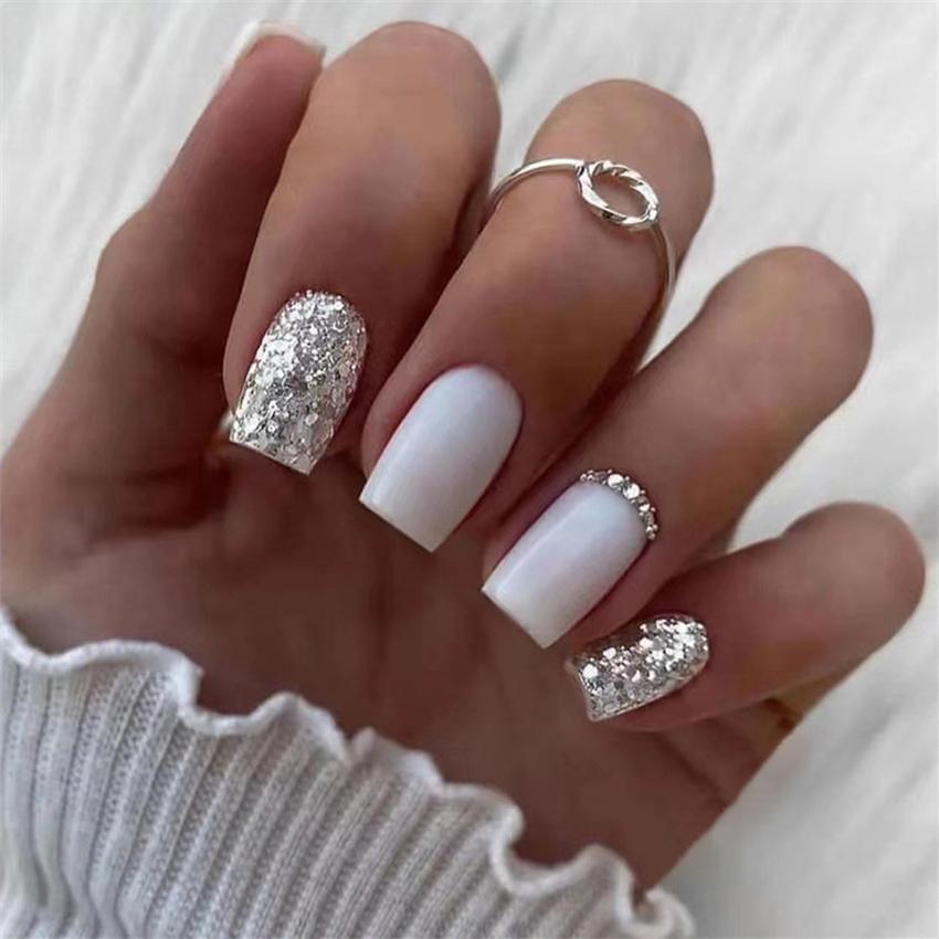 24Pcs Short French Press On Nails Pink Glitter Pearlized Fake Nail Tips Cute Natural Sweet