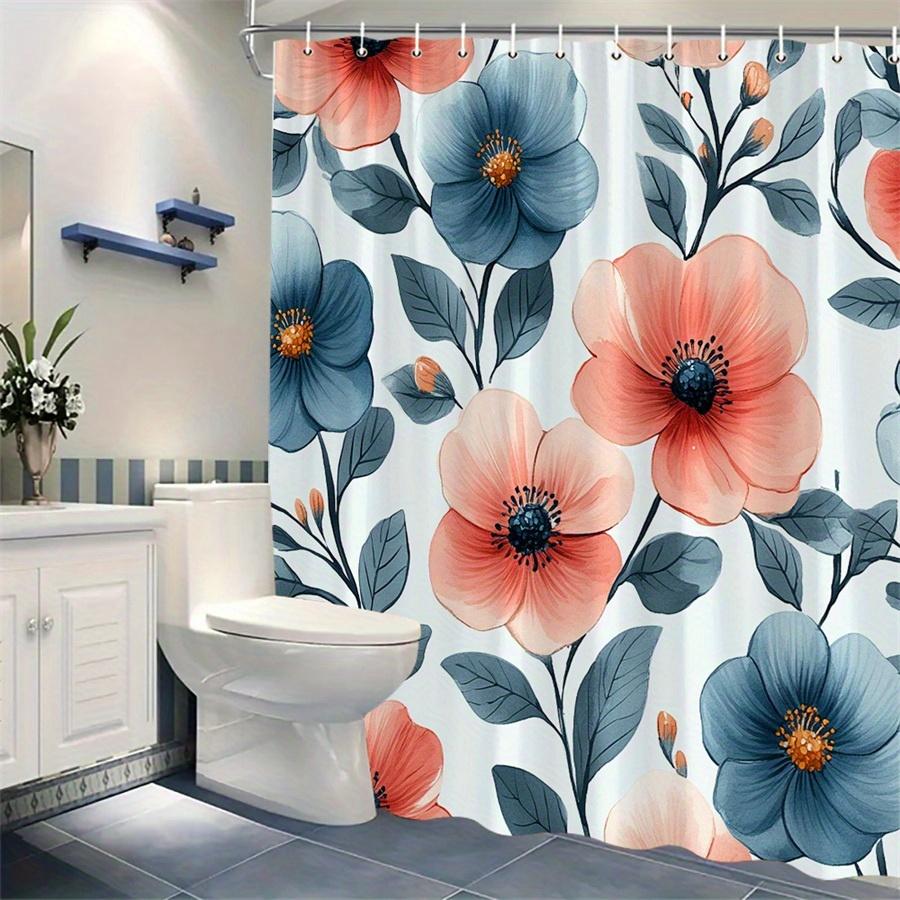 1pc Soft Pink and Blue Floral Shower Curtain - Elegant Modern Design, Polyester Fabric, Machine Washable, With Hooks