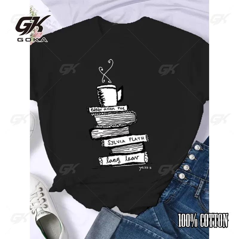 Coffee Books Brown Books American Retro Cotton T Shirt Woman Round Neck Half Sleeve T-shirts Printed Tops Woman Oversized Tees